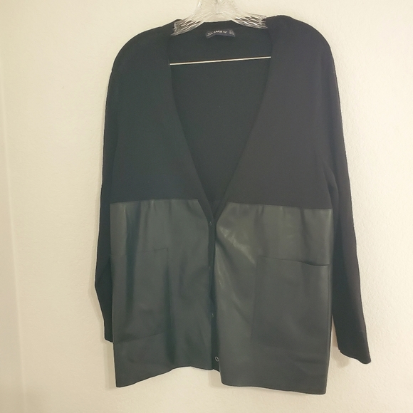 ZARA Black faux leather and knit long sleeve snap close cardigan Sm - Picture 8 of 9